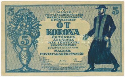 1919. 5K 'MÁS TÖRVÉNYES...' előlapján gúnyrajz T:III / Hungary 1919. 5 Korona 'MÁS TÖRVÉNYES...' with hand-drawn caricature on front C:F Adamo K8/1Be