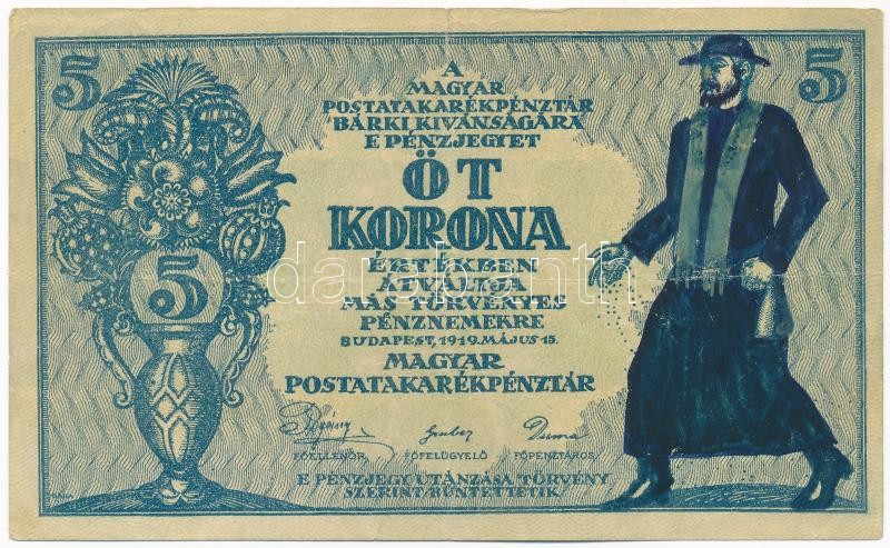 1919. 5K 'MÁS TÖRVÉNYES...' előlapján gúnyrajz T:III / Hungary 1919. 5 Korona 'MÁS TÖRVÉNYES...' with hand-drawn caricature on front C:F Adamo K8/1Be