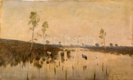 Spányi B jelzéssel. Gólyák. Olaj, vászon, kartonon. 23x38 cm