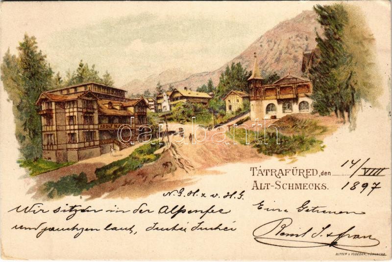 1897 (Vorläufer) Tátrafüred, Ótátrafüred, Altschmecks, Stary Smokovec (Tátra, Magas-Tátra, Vysoké Tatry); Adolf Maurer üzlete / shop. Ritter & Kloeden litho