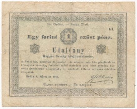 1849. 1Ft 'Almássy' vízjeles papíron, 'G1' betűjel T:III- ly. / Hungary 1849. 1 Forint 'Almássy' on watermarked paper, with 'G1' prefix C:VG hole Adamo G105