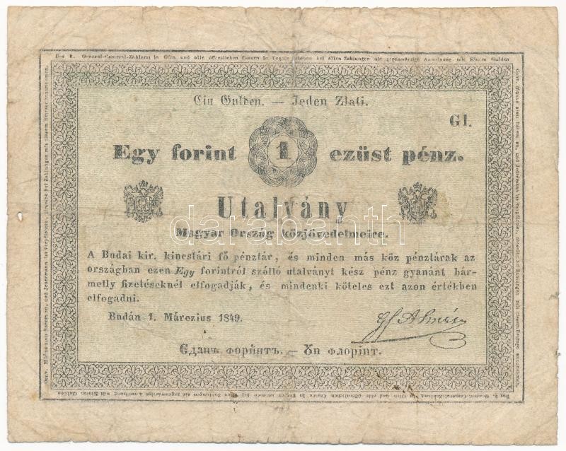 1849. 1Ft 'Almássy' vízjeles papíron, 'G1' betűjel T:III- ly. / Hungary 1849. 1 Forint 'Almássy' on watermarked paper, with 'G1' prefix C:VG hole Adamo G105