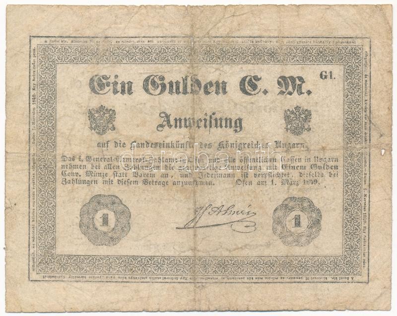 1849. 1Ft 'Almássy' vízjeles papíron, 'G1' betűjel T:III- ly. / Hungary 1849. 1 Forint 'Almássy' on watermarked paper, with 'G1' prefix C:VG hole Adamo G105 - Image 2