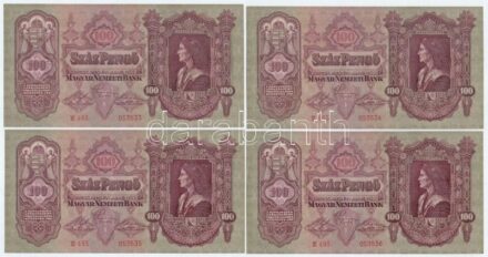 1930. 100P (4x) sorszámkövetők 'E 493 053533 - E 493 053536' T:I / Hungary 1930. 100 Pengő (4x) consecutive serials 'E 493 053533 - E 493 053536' C:UNC Adamo P17