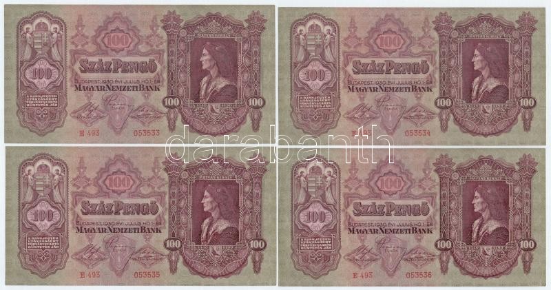 1930. 100P (4x) sorszámkövetők 'E 493 053533 - E 493 053536' T:I / Hungary 1930. 100 Pengő (4x) consecutive serials 'E 493 053533 - E 493 053536' C:UNC Adamo P17