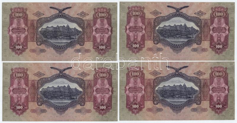 1930. 100P (4x) sorszámkövetők 'E 493 053533 - E 493 053536' T:I / Hungary 1930. 100 Pengő (4x) consecutive serials 'E 493 053533 - E 493 053536' C:UNC Adamo P17 - Image 2