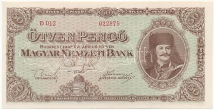 1945. 50P 'D 012 022879' T:I / Hungary 1945. 50 Pengő 'D 012 022879' C:UNC Adamo P15