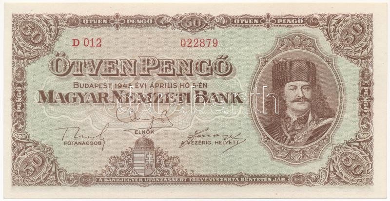 1945. 50P 'D 012 022879' T:I / Hungary 1945. 50 Pengő 'D 012 022879' C:UNC Adamo P15