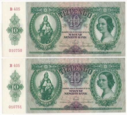 1936. 10P (2x) sorszámkövetők 'B 405 010750 - B 405 010751' T:I / Hungary 1936. 10 Pengő (2x) consecutive serials 'B 405 010750 - B 405 010751' C:UNC Adamo P9