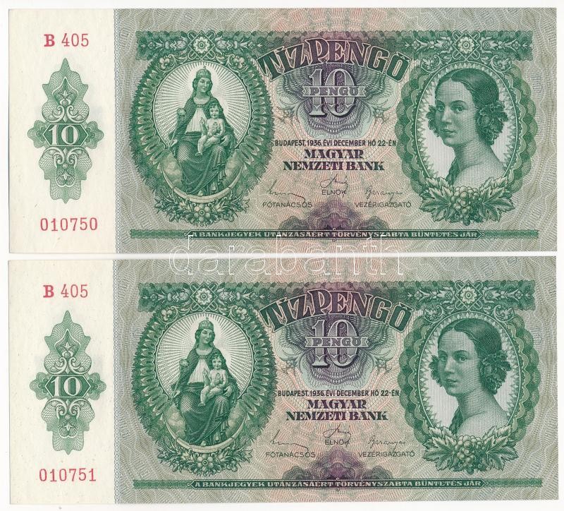 1936. 10P (2x) sorszámkövetők 'B 405 010750 - B 405 010751' T:I / Hungary 1936. 10 Pengő (2x) consecutive serials 'B 405 010750 - B 405 010751' C:UNC Adamo P9