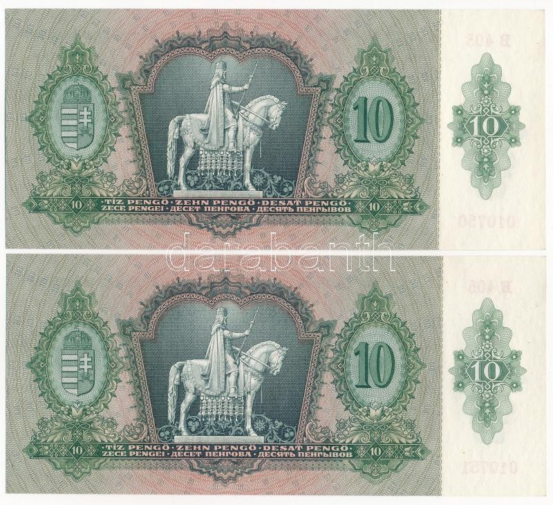 1936. 10P (2x) sorszámkövetők 'B 405 010750 - B 405 010751' T:I / Hungary 1936. 10 Pengő (2x) consecutive serials 'B 405 010750 - B 405 010751' C:UNC Adamo P9 - Image 2