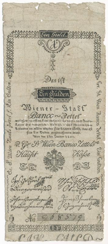 1800. 1G kézi '968579' sorszámmal, szárazpecséttel T:III- Habsburg Empire 1800. 1 Gulden with handwritten serial '968579' and embossed stamp C:VG Adamo G30
