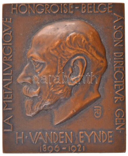 Beck Ötvös Fülöp (1873-1945) 1921. 'H. Van Den Eynde' egyoldalas bronz emlékplakett. 'LA METALLVRGIQVE HONGROISE-BELGE Á SON DIRECTEVR GEN - H. VAN DEN EYNDE 1896-1921' (68x56mm) T:2 / Hungary 1921. 'H. Van Den Eynde' one-sided bronze