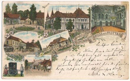 1895 (Vorläufer!) Pöstyén, Piestany, Pistyan; Fürdők, Gyógyterem, belső, Úri utca, Szálloda, Színház, villa, infanterista fürdőkocsis, Strasser kávéház. Bernais / baths, spa hall, interior, theater, hotel, park villas, street,