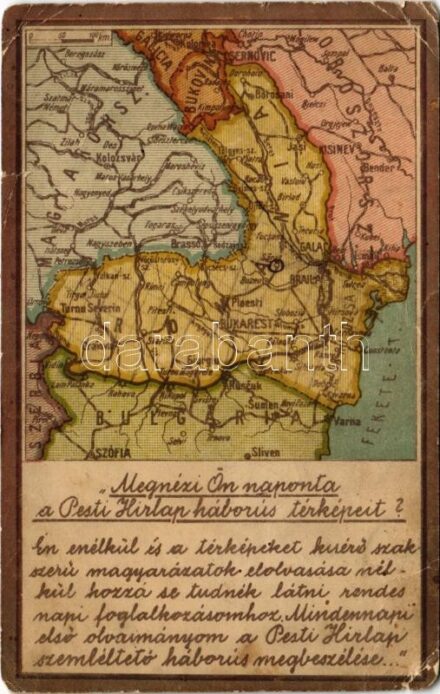 Megnézi Ön naponta a Pesti Hírlap háborús térképeit? A romániai háború térképe. Kiadja a Pesti Hírlap / WWI Map of the Romanian war (b)