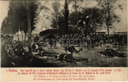 Der Angriff des 7. rhein. Infant.-Regts. No. 69. bei St. Hubert am 18. August 1870, Abends 1/2 8 Uhr. / German military art postcard, Franco-Prussian War s: C. Röchling