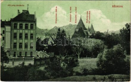 Késmárk, Kezmarok; Állami polgári fiúiskola, Középorom, Lomnici és Késmárki csúcsok, Thököly vár a XV. századból / boy school, mountain peaks, castle (fl)