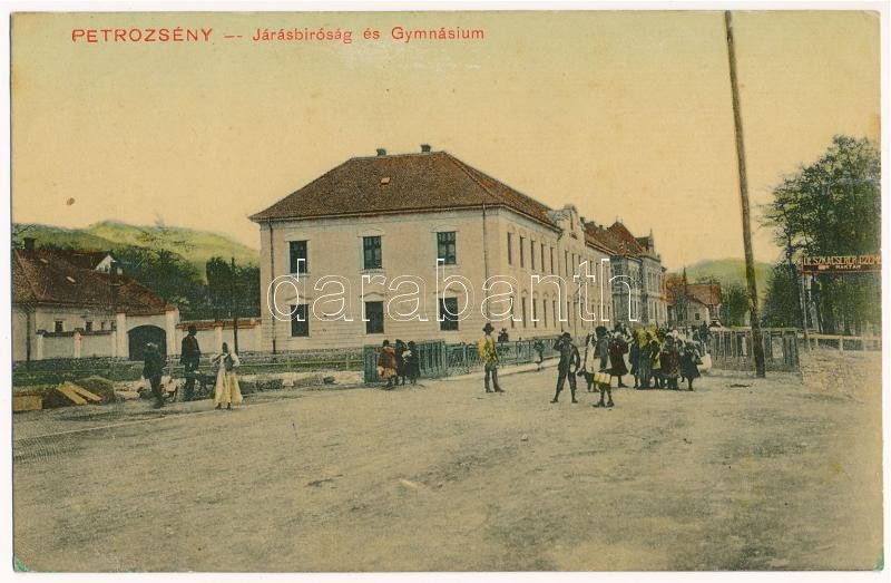 1913 Petrozsény, Petrosani; Járásbíróság, Gimnázium, deszka, cserép és cement raktár. Herz Henrik kiadása / county court, school, planks, tiles and cement warehouse + 'DEÁKBÁNYA HUNYAD VM. POSTAI ÜGYN.' (fl)