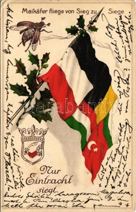 1916 Maikäfer fliege von Sieg zu Siege. Nur Eintracht siegt / WWI German and Austro-Hungarian K.u.K. military art postcard, Viribus Unitis propaganda with Central Powers flags. litho + 'K.u.K. bosn.-hercegov. Infanterieregiment Nr. 1. 1.