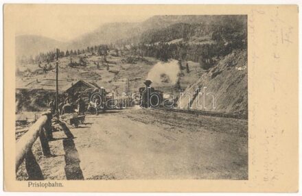 1917 Első világháborús osztrák-magyar vasútállomás a Borsa-­Priszlop-Jakobeny keskeny nyomtávolságú gőzüzemű tábori vasútvonalon az erdélyi hegyekben. Prislopbahn gőzmozdony és katonák / WWI K.u.K. military railway station of