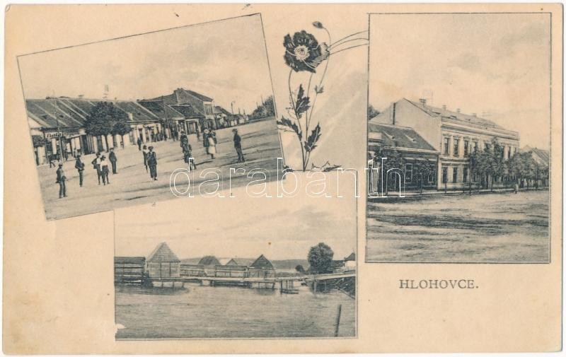 Galgóc, Frasták, Hlohovec; úszó hajómalom kikötő, Fő utca és tér, Bata üzlet / floating boat mills in the port (ship mills), main street and square, shops. floral (Rb)