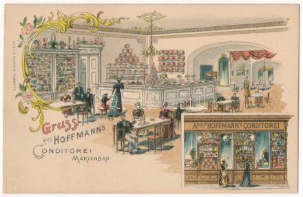 Mariánské Lázne, Marienbad; Gruss aus Adolf Hoffmann's Conditorei. G. Schwaab / confectionery, pastry shop interior. Art Nouveau, floral, litho