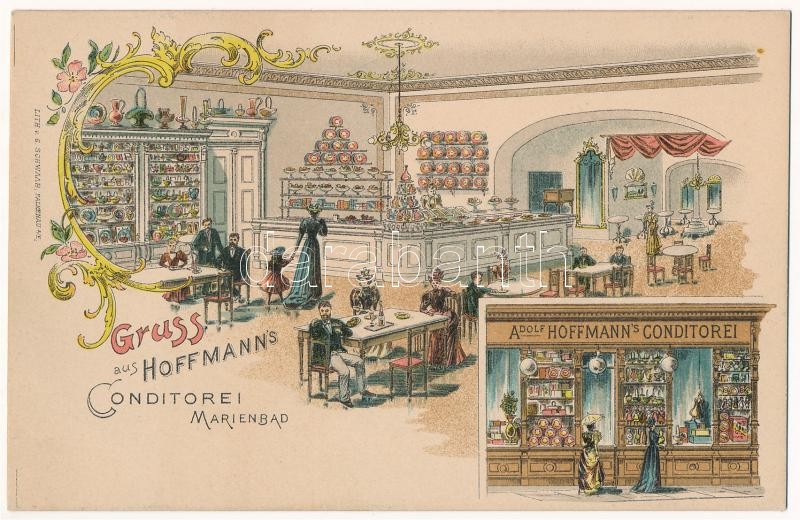 Mariánské Lázne, Marienbad; Gruss aus Adolf Hoffmann's Conditorei. G. Schwaab / confectionery, pastry shop interior. Art Nouveau, floral, litho