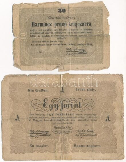 1848. 1Ft 'Kossuth bankó' + 1849. 30kr 'Kossuth bankó' T:III- szakadások, ragasztott Adamo G103, G104