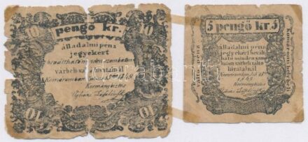 Komárom 1849. 5kr 3mm-es betűk + 10kr 3mm-es betűkkel T:III-,IV ragasztások, szakadások Hungary / Komárom 1849. 5 Kreuzer 2mm wide letters + 10 Kreuzer 3mm wide letters C:VG,G sticked, tearsAdamo KOM-3.1.1, KOM-3.2.1