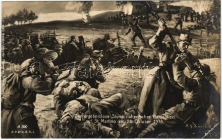 Der ergebnislose Sturm italienischer Bersaglieri auf St. Martino am 28. Oktober 1915 / WWI Austro-Hungarian K.u.K. military art postcard, soldiers against Italian Bersaglieri troops in San Martino s: Döring (EK)