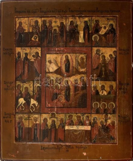 Orosz ünnepi / húsvéti ikon. Tojástempera, fa, XIX. század. Korának megfelelő sérülésekkel. 35×30 cm