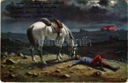 1915 Verny druh / Guter Freund / WWI Austro-Hungarian K.u.K. military art postcard, soldier's death s: Mathauser + 'Abt. Nr. 9. b.h. 2. Gruppe G.M. KUTZLNIGG' (EK)