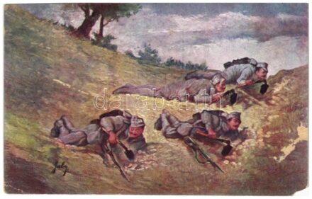 1918 32-esek a fronton. A cs. és kir. 32. gyalogezred özvegy és árva-alap javára Guter Freund / WWI Austro-Hungarian K.u.K. military art postcard s: Gaby (EM)