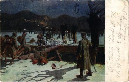 1917 A 30. honvéd gyalogezred éjjeli támadása 1914. november 27-ről 28-ra a Kamalj hegyre a Kacer völgyön át. A budapesti 30. honvéd gyalogezred özvegy- és árvaalapja javára kiadja az ezred pótzászlóalja. Rigler r.-t. / WWI