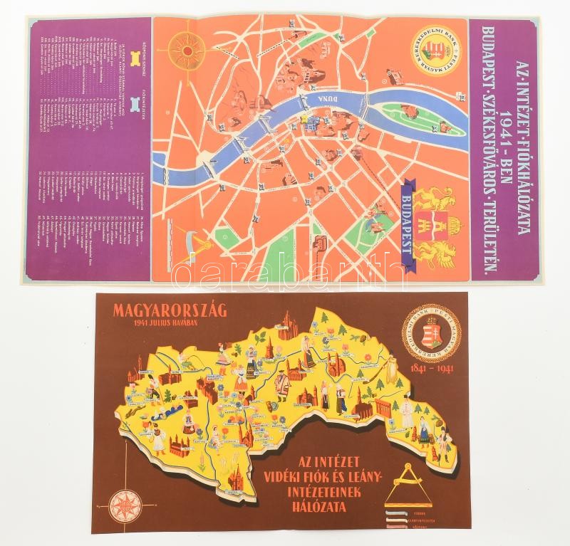 1941 kettő darab Budapest és Magyarország pénzintézeti ről szóló térképe 39x25 cm