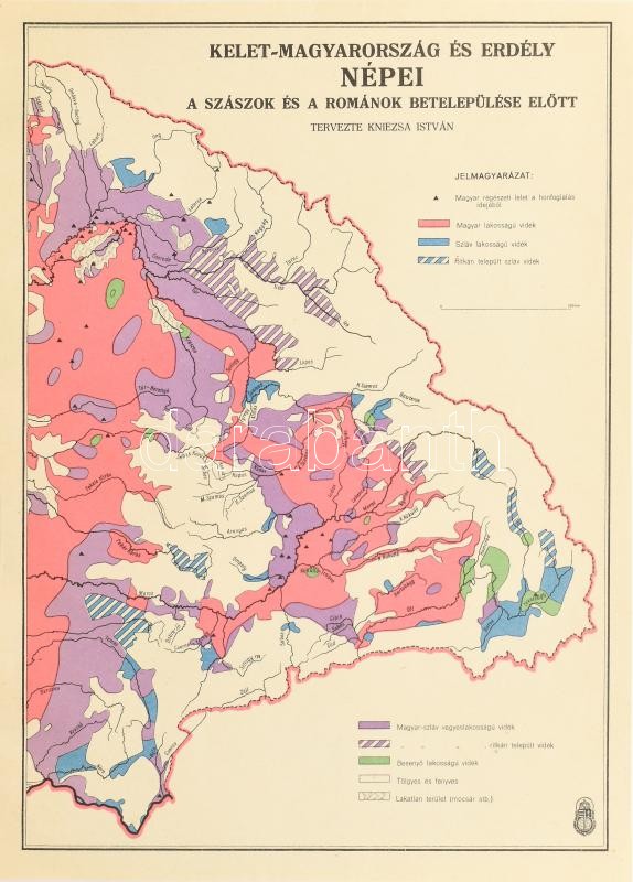 Kelet Magyarország és Erdély népei a szászok és a románok betelepülése előtt. Tervezte Kniezsa István magyar Honvéd térképészeti Intézet 20x27 cm