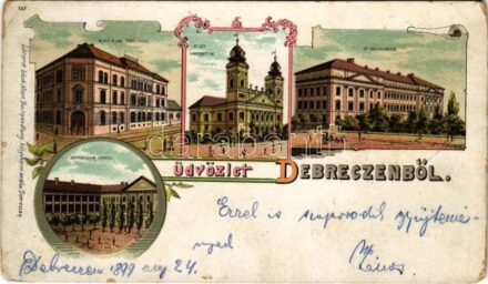 1899 (Vorläufer) Debrecen, Állami főreáliskola, Református nagytemplom és kollégium az udvarral. László Albert Art Nouveau, floral, litho (EK)