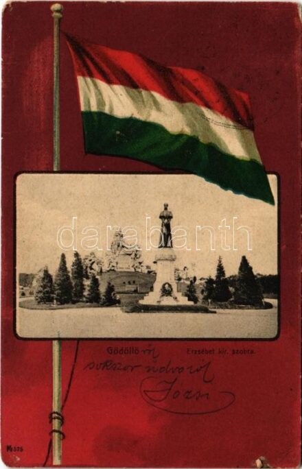 1902 Gödöllő, Erzsébet királyné szobor (Sissi). Nemesánszky Józsefné kiadása, magyar zászlós szecessziós keret. Art Nouveau, litho (Rb)