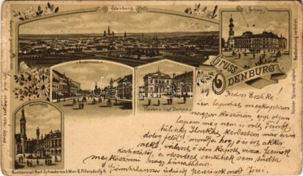 1901 Sopron, Ödenburg; Grabenrunde, Theater und Lisztdenkmal, Rathaus, Comitatsplatz / Várkerület, Színház, Liszt szobor és emlékmű, Városháza, Vármegyeház, Szentháromság szobor, kerékpár. Hünner Raimond No. 4913. Art Nouveau,