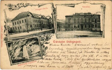 1902 Dobsina, Dobschau; Polgári iskola, városház, Jérbarlangi nagyterem, belső. Lindner Blanka kiadása / school, town hall, ice cave interior. Art Nouveau, floral (EK)