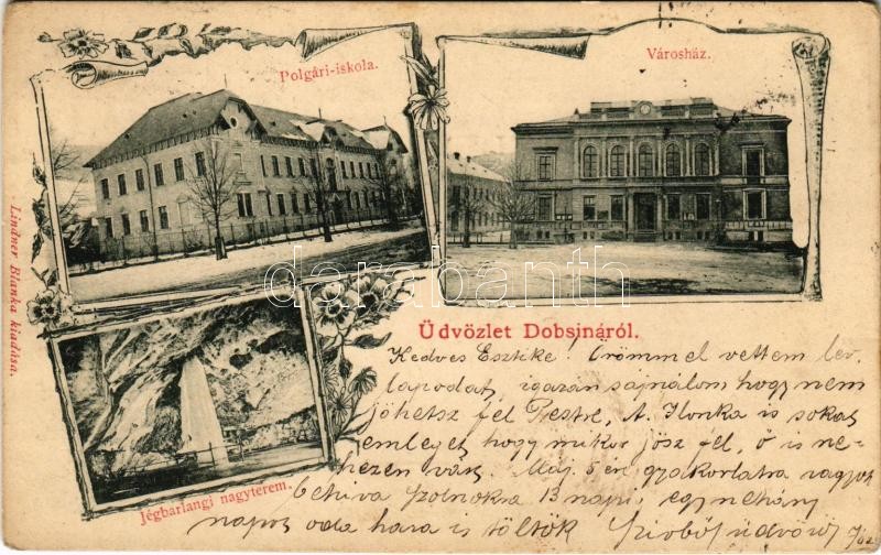 1902 Dobsina, Dobschau; Polgári iskola, városház, Jérbarlangi nagyterem, belső. Lindner Blanka kiadása / school, town hall, ice cave interior. Art Nouveau, floral (EK)