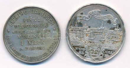 Németország DN 'Elektro Bartosch' 1M értékű fém szükségpénze + 1984. Ag városi szuvenír érme (11,11g) T:1-,2 patina, ph Germany ND 'Elektro Bartosch' 1 Mark metal necessity money + 1984. Ag souvenir coin (11,11g) C:AU,XF patina, edge