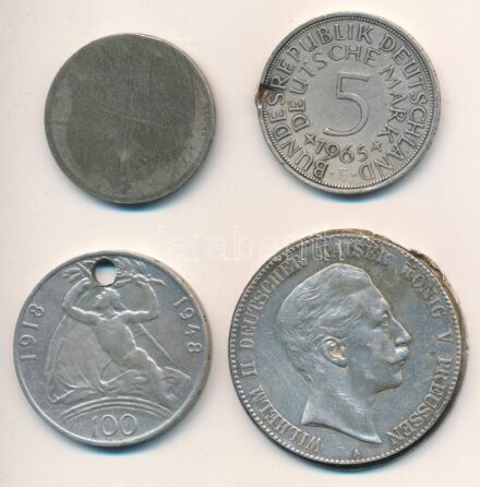 4 db vegyes külföldi sérült érme, közte Csehszlovákia 1948. 100K Ag 'Függetlenség' + NSZK 1965F 5M Ag T:3 lyuk, ph, ü. 4pcs of mixed damaged foreign coin, in it Czechoslovakia 1948. 100 Korun Ag 'Independence' + FRG 1965F 5 Mark Ag C:F