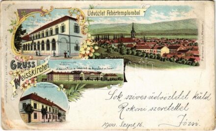 1900 Fehértemplom, Ung. Weisskirchen, Bela Crkva; Kgl. Ung. Gerichtshof, Kasernen, Obergymnasium / M. kir. Törvényszék, laktanya, kaszárnya, látkép, gimnázium. Th. Hepke utóda kiadása / court, K.u.K. military barracks, general view, high