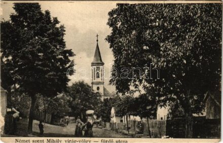 1908 Nagyszentmihály, Német-Szentmihály, Grosspetersdorf; Virágy-völgy, fürdő utca. Schey Samu és Friedrich Jánosné kiadása / Strasse / street (EK)