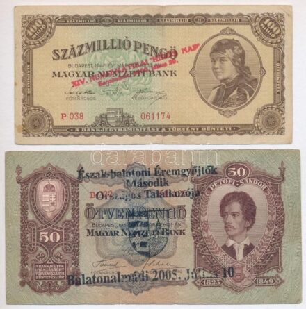 1930-1946. 50P-100.000.000P (4xklf) különböző felülbélyegzésekkel ('A 40 éves éremgyűjtő csoport XX. numizmatikai hírös napja + Észak-balatoni Éremgyűjtők második országos találkozója + Észak-balatoni Éremgyűjtők negyedik