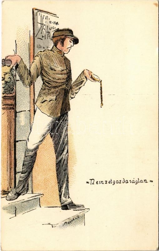 Selmecbánya, Schemnitz, Banská Stiavnica; Nemzetgazdaságtan. A Selmeci Diákéletből XII. Studentika. Röttig-Romwalter nyomda rt. Sopron / Studentica art postcard s: Bartha L.