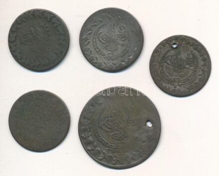 5 db vegyes, 19. századi Oszmán Birodalom Ag érme, közte 1831. 1k Ag 'II. Mahmud' T:2-,3 patina, lyuk 5pcs of mixed 19th century Ottoman Empire Ag coin, in it 1831. 1 Kurus Ag 'Mahmud II' C:VF,F patina, holed