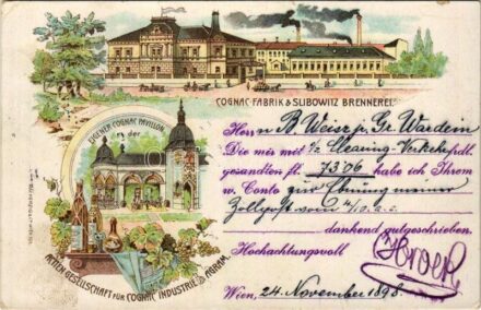 1898 (Vorläufer) Wien, Vienna, Bécs; Cognac Fabrik & Slibowitz Brennerei. Eigener Cognac Pavillon der Actien Gesellschaft für Cognac Industrie Agram. Max Herzig & Co. / cognac factory, distillery and brewery. Art Nouveau, floral, litho