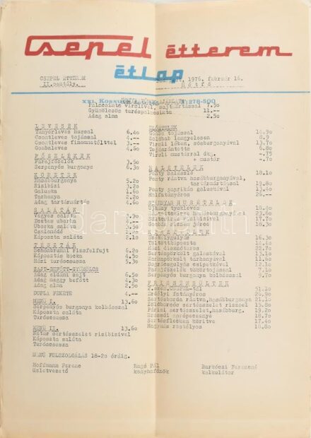 1976 Csepel étterem étlap